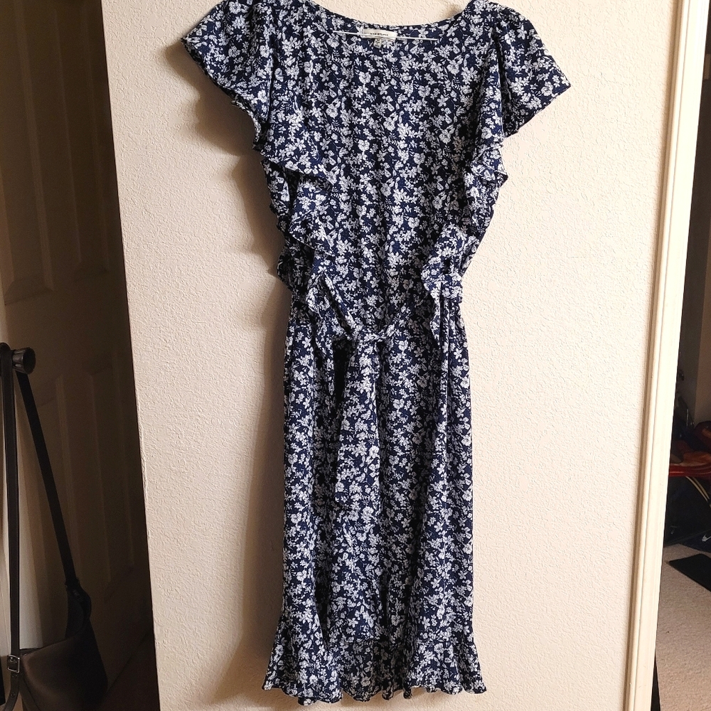 Max Studio navy floral tie midi dress